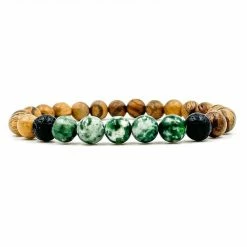 Everwood Company Green Tree Agate, Light Sandalwood Beaded Bracelet