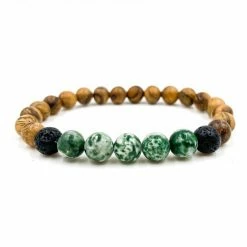 Everwood Company Green Tree Agate, Light Sandalwood Beaded Bracelet