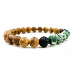 Everwood Company Green Tree Agate, Light Sandalwood Beaded Bracelet