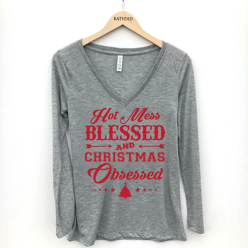 Katydid TEES, TOPS & PULLOVERS Hot Mess Blessed And Christmas Obsessed Long-sleeve Tee 1 Katydid TEES, TOPS & PULLOVERS Hot Mess Blessed And Christmas Obsessed Long-sleeve Tee