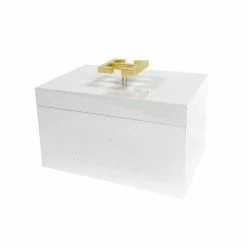 Square Feathers White Lacquered Box - Gold Greek Handle