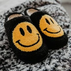 Katydid Black Fuzzy Happy Face Slippers
