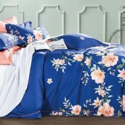 Azure Mango Elizabeth Blue Floral 100% Cotton Reversible Comforter Set BED & SOFA