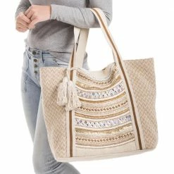 Katydid Cream & Tan Chevron Beaded Tote Bag 3 Katydid Cream & Tan Chevron Beaded Tote Bag