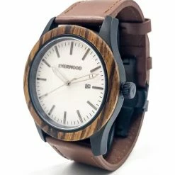 Everwood Company JEWELRY & ACCESSORIES Zebrawood & Brown Leather Watch