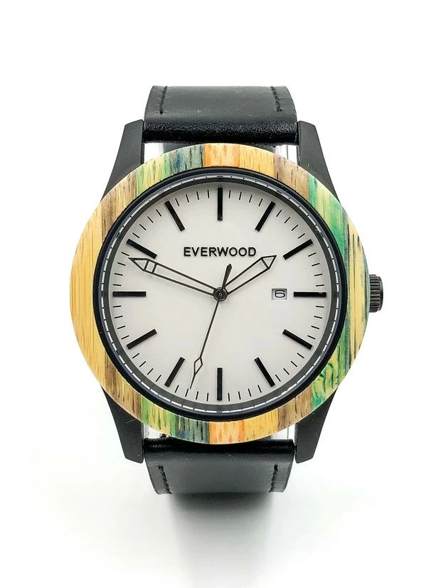 Everwood Company JEWELRY & ACCESSORIES Multi Bamboo & Black Leather Watch 1 Everwood Company JEWELRY & ACCESSORIES Multi Bamboo & Black Leather Watch