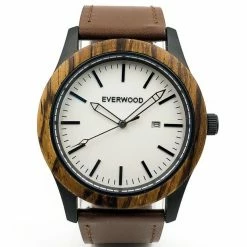 Everwood Company JEWELRY & ACCESSORIES Zebrawood & Brown Leather Watch