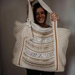 Katydid Cream & Tan Chevron Beaded Tote Bag