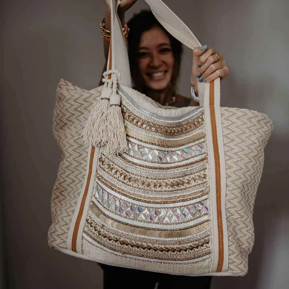 Katydid Cream & Tan Chevron Beaded Tote Bag 1 Katydid Cream & Tan Chevron Beaded Tote Bag