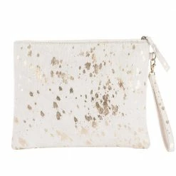 Katydid BAGS, POUCHES & PURSES Cream & Gold Metallic Hair On Leather Clutch