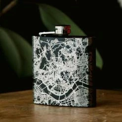 Cyan Castor Drinkware Engraved Matte Black Map Hip Flask - Plano
