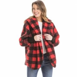 Katydid TEES, TOPS & PULLOVERS Red Plaid Lightweight Body Wrap With Hoodie