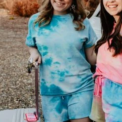 Katydid WOMEN'S LOUNGE & SWIM WEAR Teal And White Tie Dye Loungewear Set