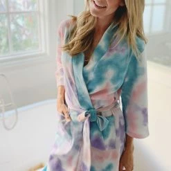 Katydid WOMEN'S LOUNGE & SWIM WEAR Teal, Purple, And Peach Tie Dye Women's Robe