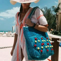 Katydid BAGS, POUCHES & PURSES Turquoise Pom Pom Tote Bag