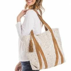 Katydid Cream & Metallic Gold Foil Tote Bag With Leather Straps BAGS, POUCHES & PURSES