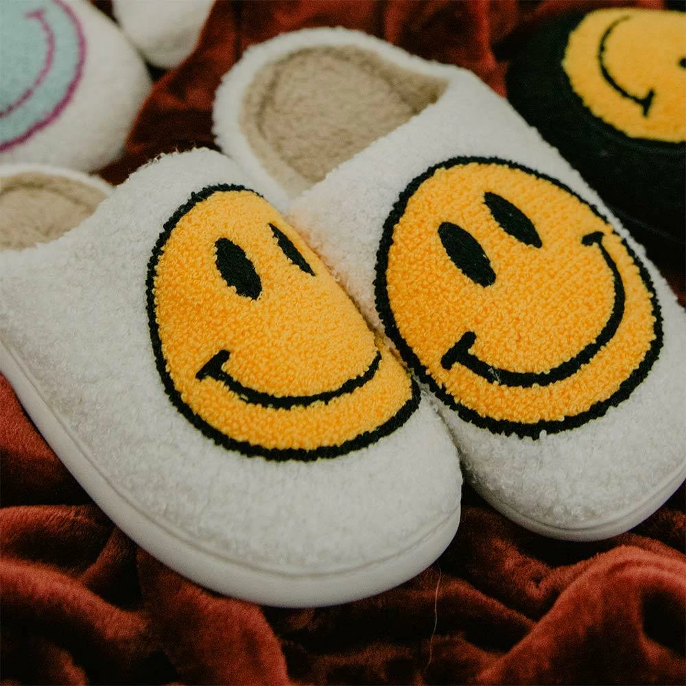 Katydid SLIPPERS & FOOTWEAR White Fuzzy Happy Face Slippers 1 Katydid SLIPPERS & FOOTWEAR White Fuzzy Happy Face Slippers