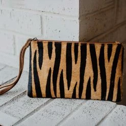 Katydid BAGS, POUCHES & PURSES Brown & Black Zebra Hair On Leather Wristlet