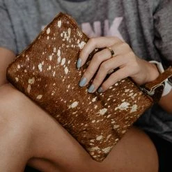 Katydid Brown & Gold Metallic Hair On Leather Wristlet BAGS, POUCHES & PURSES